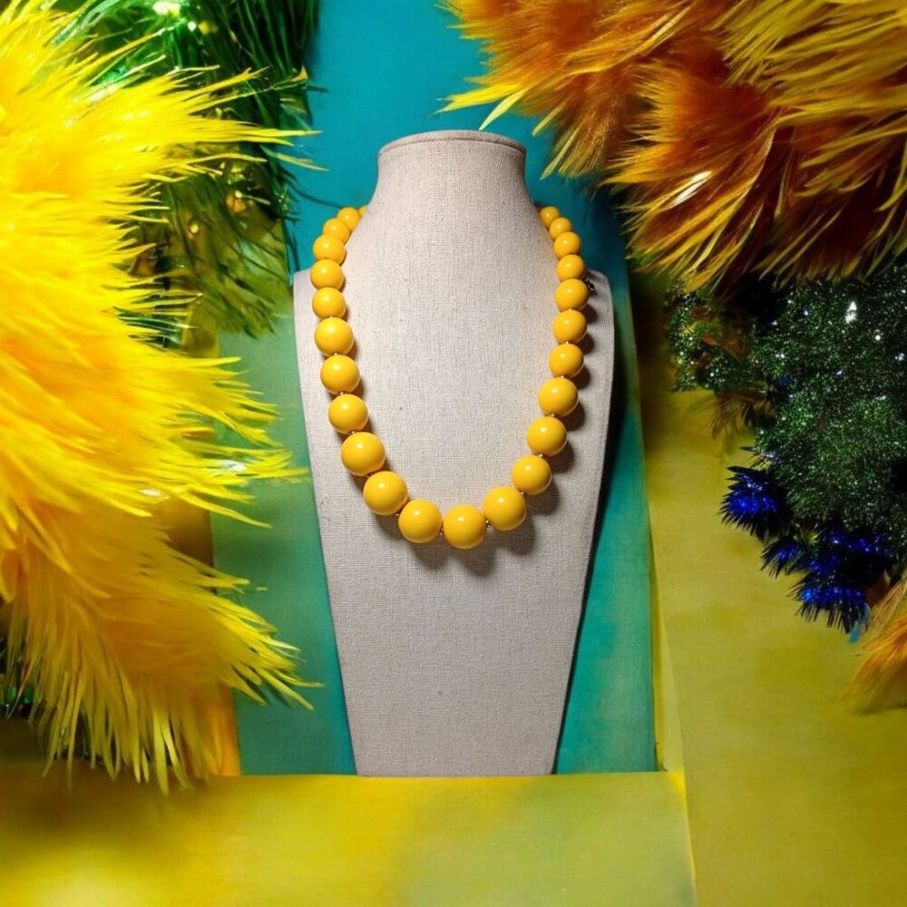 Bright Yellow Beaded Statement Necklace Spring Summer 18"